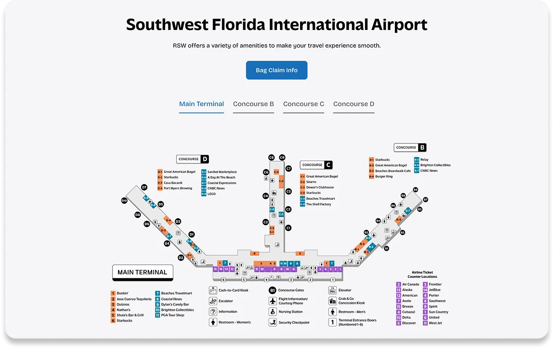 The flylcpa.com terminal map with tabs for the Main Terminal and Concourses B, C, and D