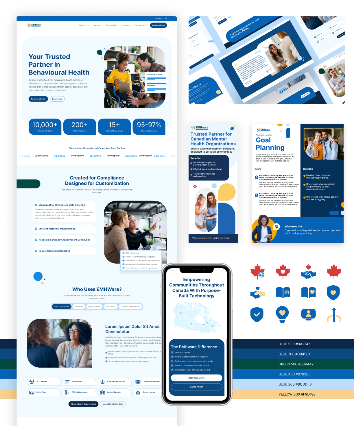 EMHWare brand: new colors, custom logos, brochures, flyers, and icon set