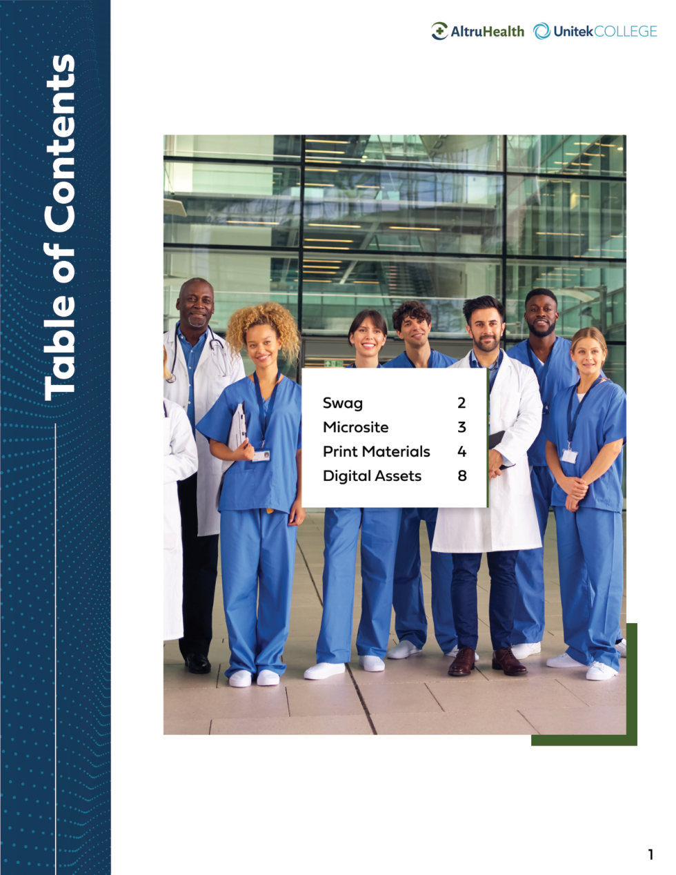 Table of contents: swag, microsite, print materials, digital assets