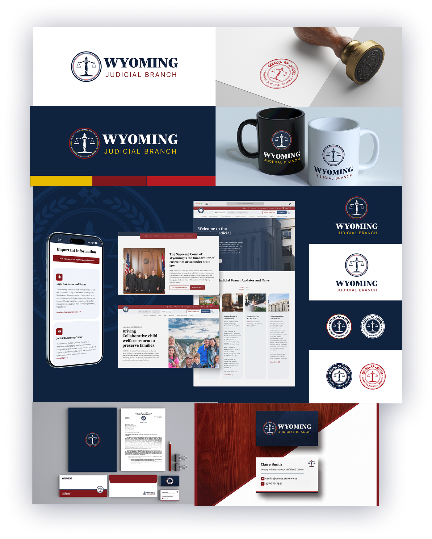 Wyoming Judicial Branch new brand system: logo lockups, seal, mugs, website, and stationery